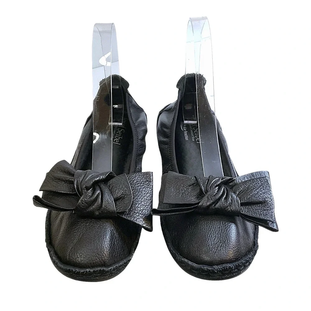 Josef Seibel Josie-03 Black Leather Ballet Flats Bow Comfort Shoes EU 37 US 6.5